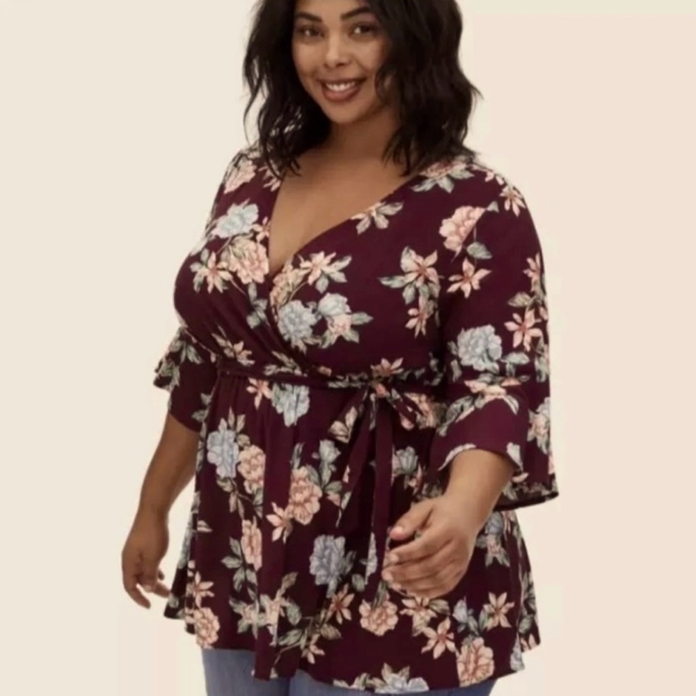 Torrid Red and White Bell Sleeve Wrap Blouse